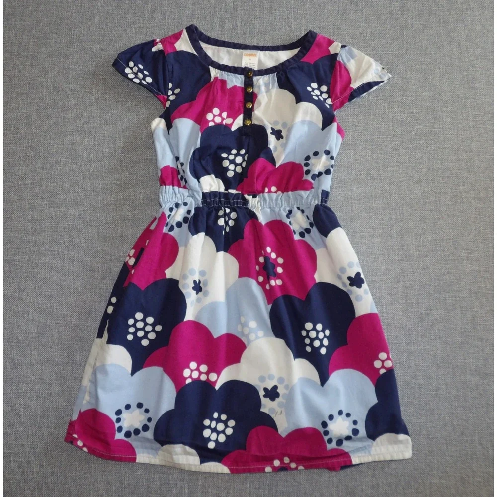 Gymboree Girls Size 8 Floral Dress Navy Pink Blue Cotton Short Sleeve Lined